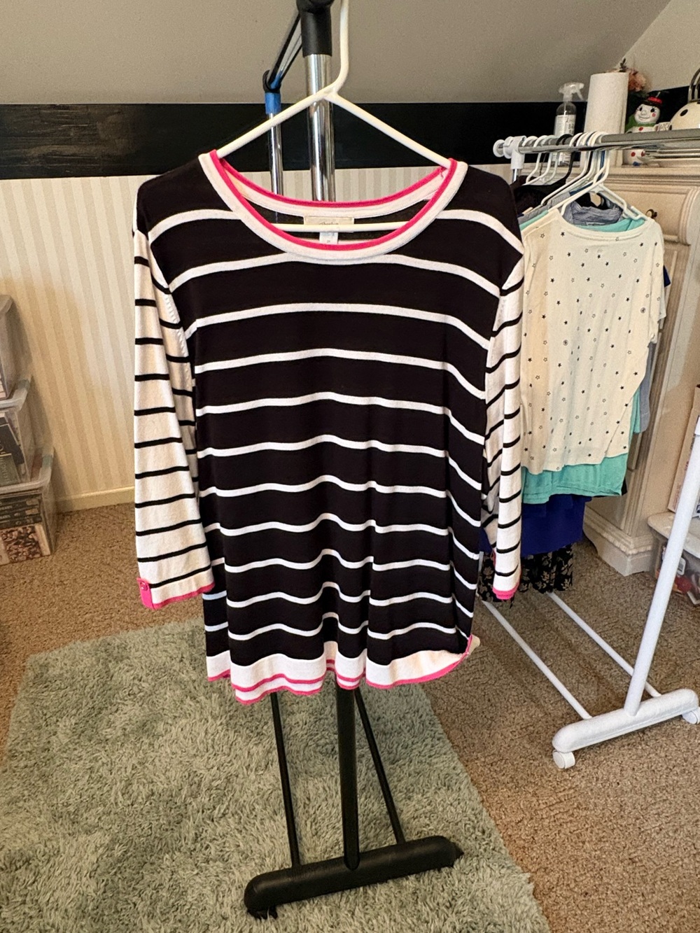 CJ Banks Black and White Striped Top with Pink Trim - Picture 3 of 5